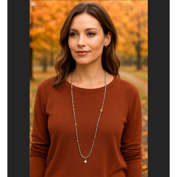 J. Jill Long Beaded Necklace Silver Gold Tone Pomegranate Pearl Charm Boho Layer - Picture 1 of 8